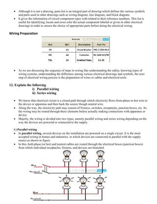  Although it is not a drawing, parts list is an integral part of drawing which defines the various symbols
and parts used in other drawings such as wiring diagram, line diagram, and block diagram.
 It gives the information of circuit component types with related to their reference numbers. This list is
useful for identifying, locate and cross refer the actual component labeled or given in other electrical
drawings in order to ensure the choice of appropriate parts before doing the electrical wiring.
Wiring Preparation
 As we are discussing the sequence of steps in wiring like understanding the safety, knowing types of
wiring systems, understanding the difference among various electrical drawings and symbols, the next
step of electrical wiring process is the preparation of wires or cables and electrical tools.
12. Explain the following
i) Parallel wiring
ii) Series wiring
 We know that electrical circuit is a closed path through which electricity flows from phase or hot wire to
the device or apparatus and then back the source though neutral wire.
 Along the way, the electricity path may consist of fixtures, switches, receptacles, junction boxes, etc. So
the wiring may be routed through these elements before actually making connections with apparatus or
device.
 Majorly, the wiring is divided into two types, namely parallel wiring and series wiring depending on the
way the devices are powered or connected to the supply.
i ) Parallel wiring
 In parallel wiring, several devices on the installation are powered on a single circuit. It is the most
accepted wiring in homes and industries, in which devices are connected in parallel with the supply
source as shown in figure.
 In this, both phase (or hot) and neutral cables are routed through the electrical boxes (junction boxes)
from which individual receptacles, fixtures, and devices are branched.
 