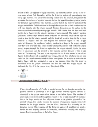 Under no-bias (no applied voltage) conditions, any minority carriers (holes) in the n-
type material that find themselves within the depletion region will pass directly into
the p-type material. The closer the minority carrier is to the junction, the greater the
attraction for the layer of negative ions and the less the opposition of the positive ions in
the depletion region of the n-type material. Assume that all the minority carriers of the
n-type material that find themselves in the depletion region due to their random motion
will pass directly into the p-type material. Similar discussion can be applied to the
minority carriers (electrons) of the p-type material. This carrier flow has been indicated
in the above figure for the minority carriers of each material. The majority carriers
(electrons) of the n-type material must overcome the attractive forces of the layer of
positive ions in the n-type material and the shield of negative ions in the p- type
material to migrate into the area beyond the depletion region of the p-type
material. However, the number of majority carriers is so large in the n-type material
that there will invariably be a small number of majority carriers with sufficient kinetic
energy to pass through the depletion region into the p-type material. Again, the same
type of discussion can be applied to the majority carriers (holes) of the p-type
material. The resulting flow due to the majority carriers is also shown in the above
figure. In the absence of an applied bias voltage, the net flow of charge in any one
direction for a semiconductor diode is zero. The symbol for a diode is shown in the
below figure with the associated n- and p-type regions. Note that the arrow is
associated with the p-type component and the bar with the n-type region. As
indicated, for VD= 0 V, the current in any direction is 0 Ma
Reverse-Bias Condition (VD < 0 V)
If an external potential of V volts is applied across the p-n junction such that the
positive terminal is connected to the n-type material and the negative terminal is
connected to the p-type material as shown in the below figure. The number of
uncovered positive ions in the depletion region of the n-type material will increase
due to the large number of free electrons drawn to the positive potential of the
applied voltage. For similar reasons, the number of uncovered negative ions will
increase in the p-type material. The net effect, therefore, is a widening of the
depletion region. This widening of the depletion region will establish too great a
barrier for the majority carriers to overcome, effectively reducing the majority
carrier flow to zero as shown in the below figure.
 