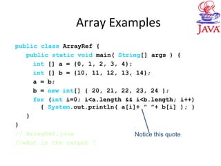 Array Examples
public class ArrayRef {
public static void main( String[] args ) {
int [] a = {0, 1, 2, 3, 4};
int [] b = {10, 11, 12, 13, 14};
a = b;
b = new int[] { 20, 21, 22, 23, 24 };
for (int i=0; i<a.length && i<b.length; i++)
{ System.out.println( a[i]+ ” ”+ b[i] ); }
}
}
// ArrayRef.java
//what is the output ?
Notice this quote
 