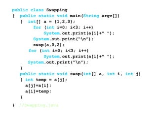 public class Swapping
{ public static void main(String argv[])
{ int[] a = {1,2,3};
for (int i=0; i<3; i++)
System.out.print(a[i]+" ");
System.out.print(“n”);
swap(a,0,2);
for (int i=0; i<3; i++)
System.out.print(a[i]+" ");
System.out.print(“n”);
}
public static void swap(int[] a, int i, int j)
{ int temp = a[j];
a[j]=a[i];
a[i]=temp;
}
} //Swapping.java
 