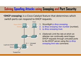 Solving Spoofing Attacks using Snooping and Port Security
•DHCP snooping: is a Cisco Catalyst feature that determines which
switch ports can respond to DHCP requests.
1. S(config)# ip dhcp snooping.
2. ip dhcp snooping vlan number {number}.
3. ip dhcp snooping trust.
4. (Optional) Limit the rate at which an
attacker can continually send bogus
DHCP requests through untrusted ports
to the DHCP server using the ip dhcp
snooping limit rate command.
 
