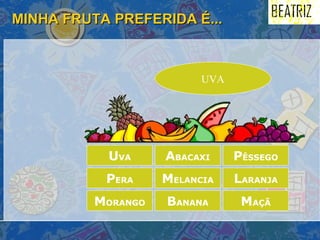 MINHA FRUTA PREFERIDA É... M ORANGO A BACAXI P ÊSSEGO L ARANJA B ANANA P ERA M ELANCIA M AÇÃ U VA UVA 