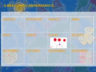 O MÊS DO MEU ANIVERSÁRIO É... DEZEMBRO NOVEMBRO OUTUBRO SETEMBRO AGOSTO JULHO JUNHO MAIO ABRIL MARÇO FEVEREIRO JANEIRO 