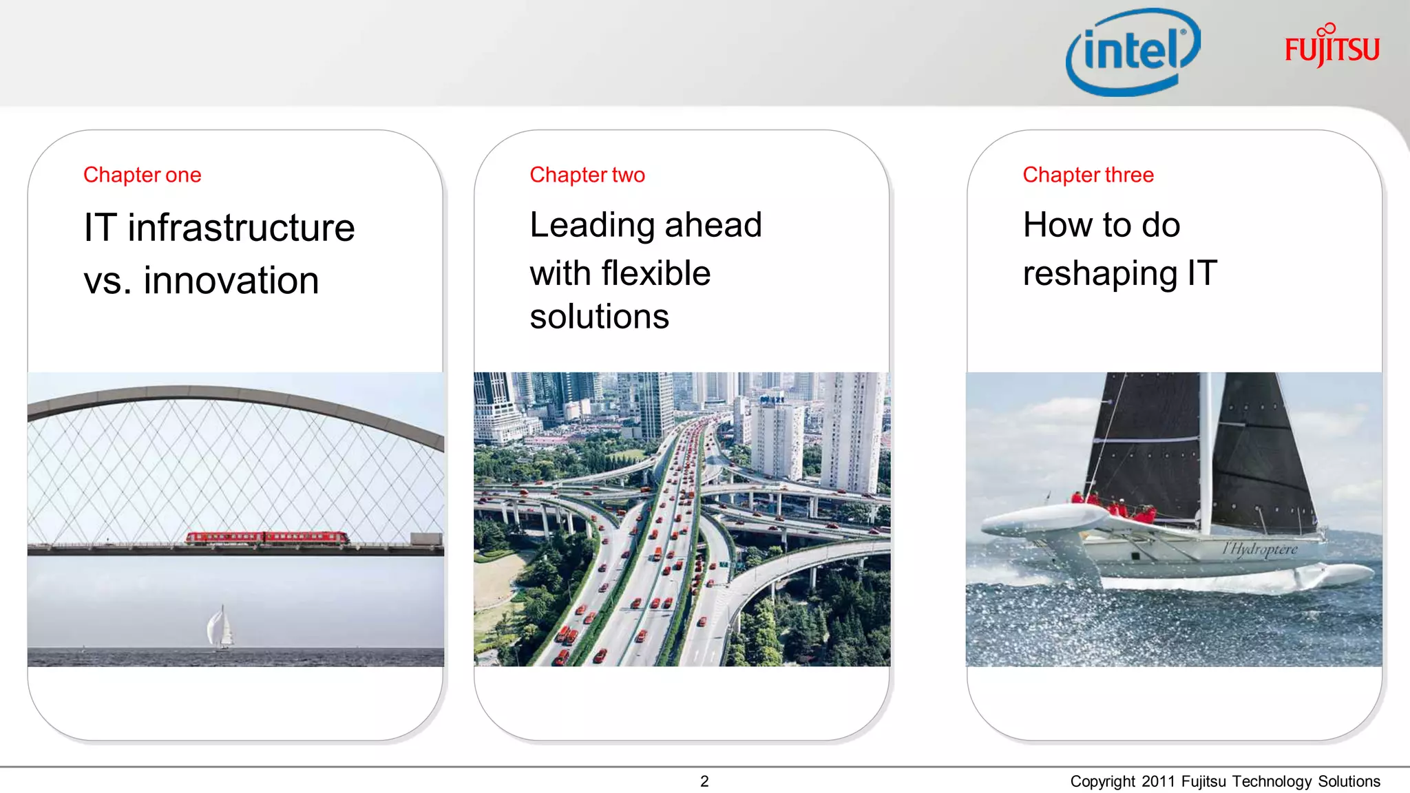 Chapter one         Chapter two       Chapter three

IT infrastructure   Leading ahead     How to do
vs. innovation      with flexible     reshaping IT
                    solutions




                                  2       Copyright 2011 Fujitsu Technology Solutions
 