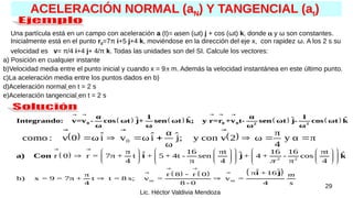 29
Lic. Héctor Valdivia Mendoza
ACELERACIÓN NORMAL (aN) Y TANGENCIAL (at)
Una partícula está en un campo con aceleración a (t)= sen (ωt) j + cos (ωt) k, donde  y ω son constantes.
Inicialmente está en el punto r0=7π i+5 j+4 k, moviéndose en la dirección del eje x, con rapidez ω. A los 2 s su
velocidad es v= π/4 i+4 j+ 4/π k. Todas las unidades son del SI. Calcule los vectores:
a) Posición en cualquier instante
b)Velocidad media entre el punto inicial y cuando x = 9 m. Además la velocidad instantánea en este último punto.
c)La aceleración media entre los puntos dados en b)
d)Aceleración normal en t = 2 s
e)Aceleración tangencial en t = 2 s
       
ˆ ˆ
ˆ ˆ
0 0 0 2 2
α 1 α 1
Integrando: v=v - cos ωt j+ sen ωt k; y r=r +v t- sen ωt j- cos ωt k
ω ω ω ω
 
  
  2 2
π 16 πt 16 16 πt
ˆ ˆ ˆ
r 0 r = 7π + t + 5 + 4t - sen + 4 + - cos
4 π 4 π 4

   
     
      
   
     
   
a) Con i j k
 
     
m m
ˆ ˆ
π +16
r 8 r 0
π
b) x = 9 = 7π + t t = 8 s; v = v =
4 8 - 0 4
i j m
s

 
 
 
    π
α
y
4
π
ω
2
v
con
y
;
ĵ
ω
α
î
ω
v
î
ω
0
v
:
como 0 









 