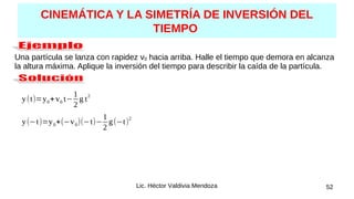 52
CINEMÁTICA Y LA SIMETRÍA DE INVERSIÓN DEL
TIEMPO
Una partícula se lanza con rapidez v0 hacia arriba. Halle el tiempo que demora en alcanza
la altura máxima. Aplique la inversión del tiempo para describir la caída de la partícula.
y(t)=y0+v0 t−
1
2
g t2
y(−t)=y0+(−v0)(−t)−
1
2
g(−t)
2
Lic. Héctor Valdivia Mendoza
 