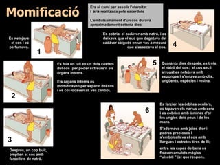 Momificació
Era el camí per assolir l’eternitat
i era realitzada pels sacerdots
L'embalsamament d'un cos durava
aproximadament setanta dies
Es netejava
el cos i es
perfumava.
Es feia un tall en un dels costats
del cos per poder extreure'n els
òrgans interns.
Els òrgans interns es
momificaven per separat del cos
i es col·locaven al vas canopi.
Després, un cop buit,
omplien el cos amb
farcellets de natró.
Es cobria el cadàver amb natró, i es
deixava que el suc que degotava del
cadàver caigués en un vas a mesura
que s'assecava el cos.
Quaranta dies després, es treia
el natró del cos; el cos sec i
arrugat es netejava amb
esponges i s'untava amb olis,
ungüents, espècies i resina.
Es farcien les òrbites oculars,
es tapaven els narius amb cera
i es cobrien amb làmines d'or
les ungles dels peus i de les
mans.
S'adornava amb joies d'or i
pedres precioses i
s'embolcallava el cos amb
llargues i estretes tires de lli;
entre les capes de bena es
ficaven amulets màgics
“uixebti ” (el que respon).
1
2
3
4
5
6
 