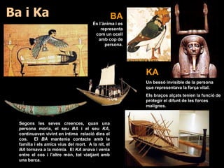 KA
Un bessó invisible de la persona
que representava la força vital.
Els braços alçats tenien la funció de
protegir el difunt de les forces
malignes.
BA
És l’ànima i es
representa
com un ocell
amb cop de
persona.
Segons les seves creences, quan una
persona moria, el seu BA i el seu KA,
continuaven vivint en íntima relació dins el
cos. El BA mantenia contacte amb la
família i els amics vius del mort. A la nit, el
BA tornava a la mòmia. El KA anava i venia
entre el cos i l'altre món, tot viatjant amb
una barca.
Ba i Ka
 