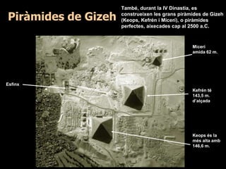 Piràmides de Gizeh
Micerí
amida 62 m.
Keops és la
més alta amb
146,6 m.
Kefrén té
143,5 m.
d’alçada
Esfinx
També, durant la IV Dinastia, es
construeixen les grans piràmides de Gizeh
(Keops, Kefrén i Micerí), o piràmides
perfectes, aixecades cap al 2500 a.C.
 