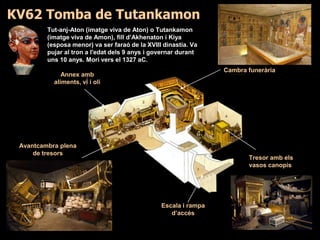 KV62 Tomba de Tutankamon
Tresor amb els
vasos canopis
Cambra funerària
Annex amb
aliments, vi i oli
Avantcambra plena
de tresors
Escala i rampa
d’accés
Tut-anj-Aton (imatge viva de Aton) o Tutankamon
(imatge viva de Amon), fill d’Akhenaton i Kiya
(esposa menor) va ser faraó de la XVIII dinastia. Va
pujar al tron a l'edat dels 9 anys i governar durant
uns 10 anys. Morí vers el 1327 aC.
 