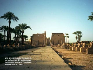 Una gran avinguda flanquejada
per esfinxs, de 2,7 quilòmetres
de llargada, uneix el Temple de
Karnak amb el Luxor.
 