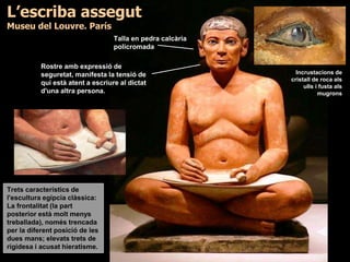 L’escriba assegut
Museu del Louvre. París
Talla en pedra calcària
policromada
Incrustacions de
cristall de roca als
ulls i fusta als
mugrons
Trets característics de
l'escultura egípcia clàssica:
La frontalitat (la part
posterior està molt menys
treballada), només trencada
per la diferent posició de les
dues mans; elevats trets de
rigidesa i acusat hieratisme.
Rostre amb expressió de
seguretat, manifesta la tensió de
qui està atent a escriure al dictat
d'una altra persona.
 