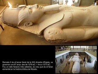 Ramsès II és el tercer faraó de la XIX dinastia d'Egipte, va
governar uns 67 anys, des de 1279 aC. i fins a 1213 aC.
Fou un dels faraons més cèlebres, es creu que és el faraó
esmentat en la història bíblica de Moisès.
 