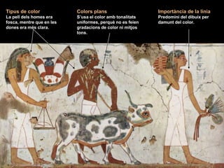 Colors plans
S’usa el color amb tonalitats
uniformes, perquè no es feien
gradacions de color ni mitjos
tons.
Importància de la línia
Predomini del dibuix per
damunt del color.
Tipus de color
La pell dels homes era
fosca, mentre que en les
dones era més clara.
 