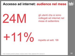 35
24M
gli utenti che si sono
collegati ad internet nel
mese di settembre
+11% rispetto al sett. ‘09
Fonte: Audiweb powered by Nielsen, Audience online in Italia, settembre 2010. Individui 2+
Accesso ad internet: audience nel mese
 