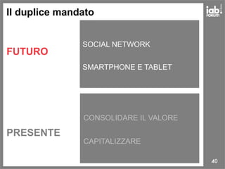 40
Il duplice mandato
FUTURO
PRESENTE
SOCIAL NETWORK
SMARTPHONE E TABLET
CONSOLIDARE IL VALORE
CAPITALIZZARE
 