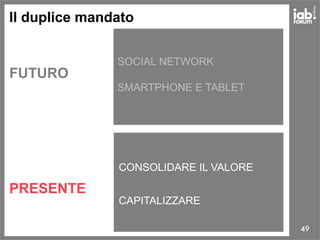 49
Il duplice mandato
FUTURO
PRESENTE
SOCIAL NETWORK
SMARTPHONE E TABLET
CONSOLIDARE IL VALORE
CAPITALIZZARE
 