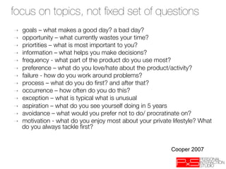 focus on topics, not ﬁxed set of questions
➝    goals – what makes a good day? a bad day?
➝    opportunity – what currently wastes your time?
➝    priortities – what is most important to you?
➝    information – what helps you make decisions?
➝    frequency - what part of the product do you use most?
➝    preference – what do you love/hate about the product/activity?
➝    failure - how do you work around problems?
➝    process – what do you do ﬁrst? and after that?
➝    occurrence – how often do you do this? 
➝    exception – what is typical what is unusual
➝    aspiration – what do you see yourself doing in 5 years
➝    avoidance – what would you prefer not to do/ procratinate on?
➝    motivation - what do you enjoy most about your private lifestyle? What
     do you always tackle ﬁrst?


                                                            Cooper 2007
 