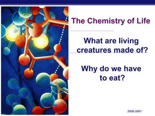 The Chemistry of Life

                     What are living
                   creatures made of?

                    Why do we have
                        to eat?



Regents Biology                 2006-2007
 