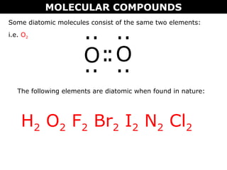 MOLECULAR COMPOUNDS
Some diatomic molecules consist of the same two elements:
i.e. O2
O :O
..
:
..
..
..
The following elements are diatomic when found in nature:
H2 O2 F2 Br2 I2 N2 Cl2
 