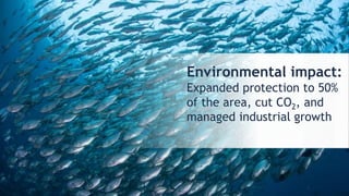 10
Environmental impact:
Expanded protection to 50%
of the area, cut CO2, and
managed industrial growth
 