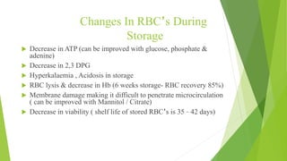 Changes In RBC’s During
Storage
 Decrease in ATP (can be improved with glucose, phosphate &
adenine)
 Decrease in 2,3 DPG
 Hyperkalaemia , Acidosis in storage
 RBC lysis & decrease in Hb (6 weeks storage- RBC recovery 85%)
 Membrane damage making it difficult to penetrate microcirculation
( can be improved with Mannitol / Citrate)
 Decrease in viability ( shelf life of stored RBC’s is 35 – 42 days)
 