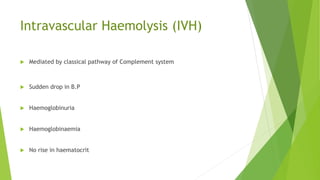 Intravascular Haemolysis (IVH)
 Mediated by classical pathway of Complement system
Signs
 Sudden drop in B.P
 Haemoglobinuria
 Haemoglobinaemia
 No rise in haematocrit
 