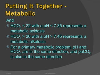 Putting It Together - Metabolic And HCO 3  < 22 with a pH < 7.35 represents a metabolic acidosis  HCO 3  > 26 with a pH > 7.45 represents a metabolic alkalosis For a primary metabolic problem, pH and HCO 3  are in the same direction, and paCO 2  is also in the same direction 12/30/02 ABG Interpretation 