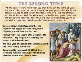 Deuteronomy 14:22-29 explains that the
Israelites had to give a second tithe, with a
different purpose from the first one.
For two years, this second tithe was carried to
Jerusalem. They ate part of it in family and
shared it with those in need.
The third year, this special tithe was shared with
the “local” needy in each city.
Every Israelite gave about 25-33% of their
income to maintain the nation. Part of it was
destined to look after those in need.
 