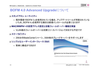 © 2011 IBM Corporation11
IBM System x / BladeCenter : Systems for a Smarter Planet
がんばろう 日本11
BOFM 4.0 Advanced Upgradeについて
スタンドアロンスタンドアロン ユーティリティユーティリティ
既存環境でBOFM 3.xを使用されている場合、アップデートツールが用意されていな
いため、BOFM 4.xを使用する場合は新規インストールが必要になります
MAC/WWPNMAC/WWPNへの仮想アドレス設定と自動フェールオーバー機能を実装への仮想アドレス設定と自動フェールオーバー機能を実装
VLAN値のフェールオーバーは次期リリースバージョンで対応する予定です
スケーラビリティスケーラビリティ
256台のBladeCenterシャーシ、3584枚のブレードサーバーをサポートします
シンプルなユーザーインターフェース（シンプルなユーザーインターフェース（GUIGUI））
簡単に構成ができます
 