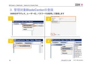 © 2011 IBM Corporation15
IBM System x / BladeCenter : Systems for a Smarter Planet
がんばろう 日本
３．管理対象BladeCenterの登録
xxxxxxxxxxx
xxxxxx
１ ２
４３
AMMのIPアドレス、ユーザーID、パスワードを使用して登録します
 