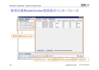 © 2011 IBM Corporation16
IBM System x / BladeCenter : Systems for a Smarter Planet
がんばろう 日本
管理対象BladeCenter登録後のインターフェース
BOFM ステータスを確認/BOFM modeの変更ができます。
管理対象BladeCenter
 
