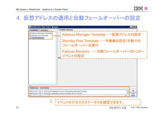 © 2011 IBM Corporation17
IBM System x / BladeCenter : Systems for a Smarter Planet
がんばろう 日本
４．仮想アドレスの適用と自動フェールオーバーの設定
イベントログ/タスクステータスを確認できます。
Address Manager Template ・・・仮想アドレスの設定
Standby Pool Template ・・・予備機の設定/手動での
フェールオーバーの実行
Failover Monitors ・・・自動フェールオーバーのトリガー
イベントの設定
 