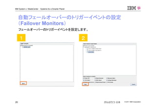 © 2011 IBM Corporation20
IBM System x / BladeCenter : Systems for a Smarter Planet
がんばろう 日本
自動フェールオーバーのトリガーイベントの設定
（Failover Monitors）
１ ２
フェールオーバーのトリガーイベントを設定します。
 