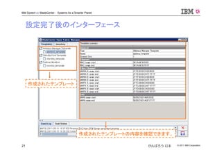 © 2011 IBM Corporation21
IBM System x / BladeCenter : Systems for a Smarter Planet
がんばろう 日本
設定完了後のインターフェース
作成されたテンプレート
作成されたテンプレートの内容を確認できます。
 