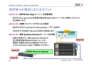 © 2011 IBM Corporation22
IBM System x / BladeCenter : Systems for a Smarter Planet
がんばろう 日本
BOFM 4.0 構成におけるポイント
Point #1 : BOFM Adv Upg サーバー の設置場所
BOFM Adv Upg serverは管理対象のBladeCenterシャーシ外に用意いただくこと
をお勧めします。
Point #2 : AMM ネットワークプロトコルの設定
[BOFM 4]TCP command mode protocol , FTP, SNMP*
*BOFM 4 はSNMP trap port:50990 を使用します。
Point #3 : IBM Systems Directorサーバーとの同居
同居は可能です。IBM Systems Directorで
同じ管理対象のBladeCenterシャーシを
管理する場合はDirector独自のプロトコル
（TCP command mode）で管理してください。
Storage
blade
AMM
Point #3
blade
OS
Spareblade
BOFM Advanced Upgrade
OS
Point #2
Point #1
 