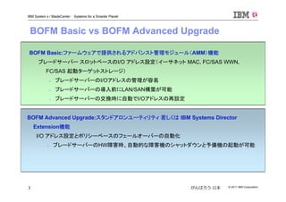 © 2011 IBM Corporation5
IBM System x / BladeCenter : Systems for a Smarter Planet
がんばろう 日本5
BOFM Basic vs BOFM Advanced Upgrade
BOFM Basic:BOFM Basic:ファームウェアで提供されるアドバンスト管理モジュール（AMM）機能
ブレードサーバー スロットベースのI/O アドレス設定（イーサネット MAC, FC/SAS WWN,
FC/SAS 起動ターゲットストレージ）
ブレードサーバーのI/Oアドレスの管理が容易
ブレードサーバーの導入前にLAN/SAN構築が可能
ブレードサーバーの交換時に自動でI/Oアドレスの再設定
BOFM Advanced Upgrade:BOFM Advanced Upgrade:スタンドアロンユーティリティ 若しくは IBM Systems Director
Extension機能
I/O アドレス設定とポリシーベースのフェールオーバーの自動化
ブレードサーバーのHW障害時、自動的な障害機のシャットダウンと予備機の起動が可能
 