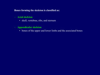 Bones forming the skeleton is classified as: Axial skeleton skull, vertebrae, ribs, and sternum Appendicular skeleton bones of the upper and lower limbs and the associated bones 