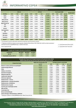 7 
Coordenação: Prof. Dr. Sergio De Zen. Equipe: Gabriela Ribeiro, Graziela Correr, Mariane Santos, Wagner Yanaguizawa, Caio Monteiro, Douglas Matheus, Gabriel Guarda, Maria Carolina Pazini, Maria Júlia Malavolta, Pamela Andrade e Paola Ribeiro Miori. 
Jornalista responsável: Dra. Ana Paula Silva Ponchio – MTb 27.368 * Contatos: (19) 3429-8848 * cppcepea@usp.br 
www.cepea.esalq.usp.br/boi 
Variação Mensal e Acumulada (2014) COE (1) COT (2) Boi Gordo R$/@ Ponderações* Estados abr mai jun jan-jun abr mai jun jan-jun abr mai jun jan-jun Bahia 0,43% 1,11% -0,61% 3,03% 0,91% 0,34% -1,05% 2,03% 1,49% 0,70% -1,06% 2,06% 5,70% Goiás 0,03% 1,98% -0,76% 13,04% 1,70% 0,06% -0,75% 11,85% 1,67% -2,60% 1,37% 10,19% 12,27% Minas Gerais 2,97% 2,27% -1,24% 12,05% 1,53% 2,36% -0,75% 9,68% 1,10% -3,17% 1,39% 6,83% 15,99% Mato Grosso 0,29% 3,13% -0,47% 10,39% 2,36% 0,15% -0,88% 8,04% 2,14% -1,88% 0,97% 15,88% 11,96% Mato Grosso do Sul 0,98% 2,24% -0,05% 10,20% 1,21% 0,54% 0,13% 8,19% 0,18% -1,72% 1,20% 11,63% 13,34% Pará 4,42% 3,31% -0,02% 16,29% -2,95% 3,81% -0,08% 13,87% -0,26% -1,86% 0,81% 16,40% 10,35% Paraná 0,12% 1,83% -0,24% 8,22% 1,33% 0,09% -0,20% 6,92% 0,53% -1,42% -0,29% 6,27% 5,24% Rio Grande do Sul 0,27% 0,16% 0,39% 6,84% 0,27% 0,01% 0,23% 5,73% -0,06% 1,98% 0,00% 12,62% 7,87% Rondônia 5,31% 1,47% -0,99% 11,50% 1,17% 4,15% -0,85% 9,54% 3,53% -0,44% 9,54% -0,92% 6,80% São Paulo 2,10% 3,61% -2,01% 12,73% 3,11% 1,9% -1,86% 10,82% -0,39% -2,16% -0,22% 7,62% 5,99% Tocantins 8,44% 3,09% 9,13% 16,60% 2,73% -4,78% 6,66% 13,75% 0,94% 0,37% 0,48% 13,28% 4,50% 
Brasil** 0,47% 1,91% -0,18% 12,87% 0,31% 1,60% -0,27% 10,72% -0,17% -2,02% -0,16% 8,56% 100% * Corresponde ao quanto cada estado representa no total dos custos da pecuária no Brasil. ** Referente a 85,02% do rebanho nacional segundo o Rebanho Efetivo Bovino PPM / IBGE 2012. Valor da arroba considerado - Indicador Boi Gordo Esalq/BM&FBovespa - Estado de São Paulo. 
1 - Custo Operacional Efetivo (COE) Fonte: Cepea/USP-CNA 2 - Custo Operacional Total (COT) Variação dos Principais Indicadores Econômicos Indicadores Abr/2014 Mai/2014 Jun/2014 
IGP-M 0,78% -0,13% -0,74% 
Acumulado Janeiro IGP-M 3,35% 3,21% 2,45% 
Variações dos Preços dos Principais Insumos da Pecuária de Corte (2014) Média Ponderada para BA, GO, MT, MS, PA, RO, RS, MG, PR, TO e SP Grupos dos Custos Média das Ponderações COT Variação mensal e acumulada jun/14 abr mai jun jan - jun Bezerro e outros animais de reprodução* 47,6% 6,27% 3,34% -0,73% 22,02% Suplementação Mineral 10,01% 0,54% 1,24% 0,38% 4,53% Dieta 0,09% 3,73% -0,98% -2,05% 3,39% Adubos e Corretivos 0,84% 0,86% -0,50% -0,49% 3,19% Sementes Forrageiras 1,73% -1,49% 3,27% -5,06% -3,99% Máquinas Agrícolas 5,22% 1,75% -1,15% -3,43% -3,96% Implementos Agrícolas 1,01% -6,05% 0,91% 1,43% -4,29% Defensivos Agrícolas 1,91% 0,05% -0,42% -0,06% 2,33% Medicamentos - Vacinas 1,12% 0,54% -1,63% -0,32% -1,94% Medicamentos - Controle Parasitário 0,93% 0,51% 1,04% 0,51% 3,12% Medicamentos- Antibióticos 0,25% 0,70% 0,21% 0,44% 2,23% Medicamentos em geral 0,06% 0,30% 1,32% 0,85% 4,01% Insumos para reprodução animal 0,00% 12,50% 1,36% 2,35% 8,96% Mão de Obra 12,93% 0,00% 0,00% 0,00% 6,78% Construção Civil 9,23% 0,60% 1,16% 0,33% 4,97% Brinco de Identificação 0,01% 2,32% 0,72% 4,62% 6,43% Outros (Energia, Administrativos, Utilitário) 7,06% 
*Indicador do Bezerro ESALQ/BM&FBovespa, Mato Grosso do Sul 
