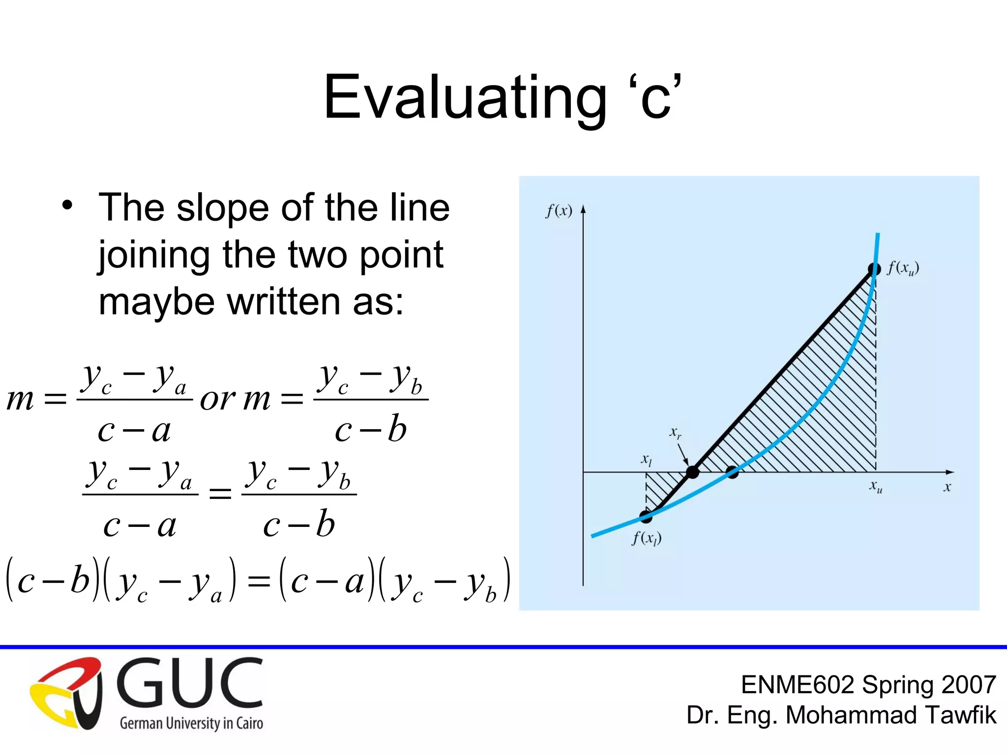 Numerical Analysis: Bracketing Methods
Mohammad Tawfik
#WikiCourses
http://WikiCourses.WikiSpaces.com
Evaluating ‘c’
     ba yacybc  00
aybycycy baab 
 ab
ab
yy
byay
c



   
   afbf
bafabf
c



 