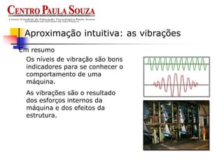 Em resumo
Aproximação intuitiva: as vibrações
Os níveis de vibração são bons
indicadores para se conhecer o
comportamento de uma
máquina.
As vibrações são o resultado
dos esforços internos da
máquina e dos efeitos da
estrutura.
 