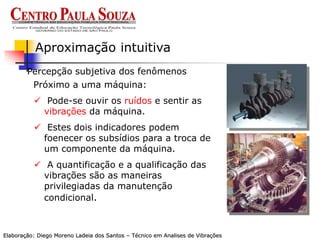 Percepção subjetiva dos fenômenos
Aproximação intuitiva
Próximo a uma máquina:
 Pode-se ouvir os ruídos e sentir as
vibrações da máquina.
 Estes dois indicadores podem
foenecer os subsídios para a troca de
um componente da máquina.
 A quantificação e a qualificação das
vibrações são as maneiras
privilegiadas da manutenção
condicional.
Elaboração: Diego Moreno Ladeia dos Santos – Técnico em Analises de Vibrações
 