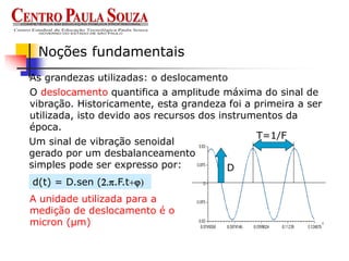 As grandezas utilizadas: o deslocamento
Noções fundamentais
O deslocamento quantifica a amplitude máxima do sinal de
vibração. Historicamente, esta grandeza foi a primeira a ser
utilizada, isto devido aos recursos dos instrumentos da
época.
Um sinal de vibração senoidal
gerado por um desbalanceamento
simples pode ser expresso por:
d(t) = D.sen (2.p.F.t+)
D
T=1/F
A unidade utilizada para a
medição de deslocamento é o
micron (µm)
 
