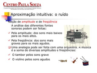 Noção de amplitude e de freqüência
Aproximação intuitiva: o ruído
A análise das diferentes fontes
sonoras podem ser feitas:
 Pela amplitude: dos sons mais baixos
para os mais altos.
 Pela freqüência: dos sons mais
graves para os mais agudos.
 Uma analogia pode ser feita com uma orquestra. A música
é a soma de diversas amplitudes e freqüências:
 O tambor pelos sons grave
 O violino pelos sons agudos
 