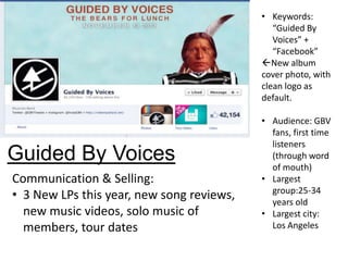 • Keywords:
                                              “Guided By
                                              Voices” +
                                              “Facebook”
                                           New album
                                           cover photo, with
                                           clean logo as
                                           default.

                                           • Audience: GBV
                                             fans, first time
                                             listeners
Guided By Voices                             (through word
                                             of mouth)
Communication & Selling:                   • Largest
                                             group:25-34
• 3 New LPs this year, new song reviews,     years old
  new music videos, solo music of          • Largest city:
  members, tour dates                        Los Angeles
 