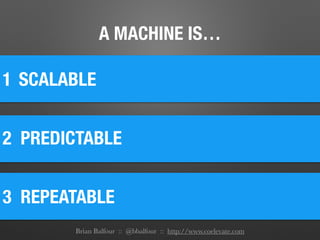 A MACHINE IS…
1
2 PREDICTABLE
SCALABLE
3 REPEATABLE
Brian Balfour :: @bbalfour :: http://www.coelevate.com
 