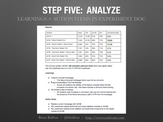 STEP FIVE: ANALYZE
LEARNINGS + ACTION ITEMS IN EXPERIMENT DOC
Brian Balfour :: @bbalfour :: http://www.coelevate.com
 