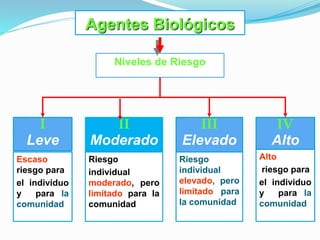 Agentes Biológicos
Niveles de Riesgo
II
Moderado
III
Elevado
IV
Alto
I
Leve
Escaso
riesgo para
el individuo
y para la
comunidad
Riesgo
individual
moderado, pero
limitado para la
comunidad
Riesgo
individual
elevado, pero
limitado para
la comunidad
Alto
riesgo para
el individuo
y para la
comunidad
 