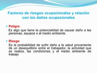 Factores de riesgos ocupacionales y relación
con los daños ocupacionales
 Peligro
Es algo que tiene la potencialidad de causar daño a las
personas, equipos o al medio ambiente.
 Riesgo
Es la probabilidad de sufrir daño a la salud proveniente
de un desequilibrio entre el trabajador, la actividad que
se realiza, las condiciones y el medio ambiente de
trabajo
 