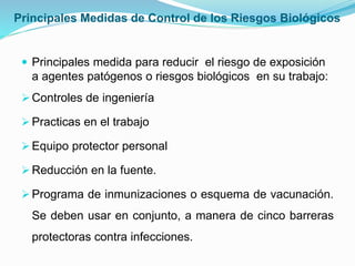 Principales Medidas de Control de los Riesgos Biológicos
 Principales medida para reducir el riesgo de exposición
a agentes patógenos o riesgos biológicos en su trabajo:
Controles de ingeniería
Practicas en el trabajo
Equipo protector personal
Reducción en la fuente.
Programa de inmunizaciones o esquema de vacunación.
Se deben usar en conjunto, a manera de cinco barreras
protectoras contra infecciones.
 
